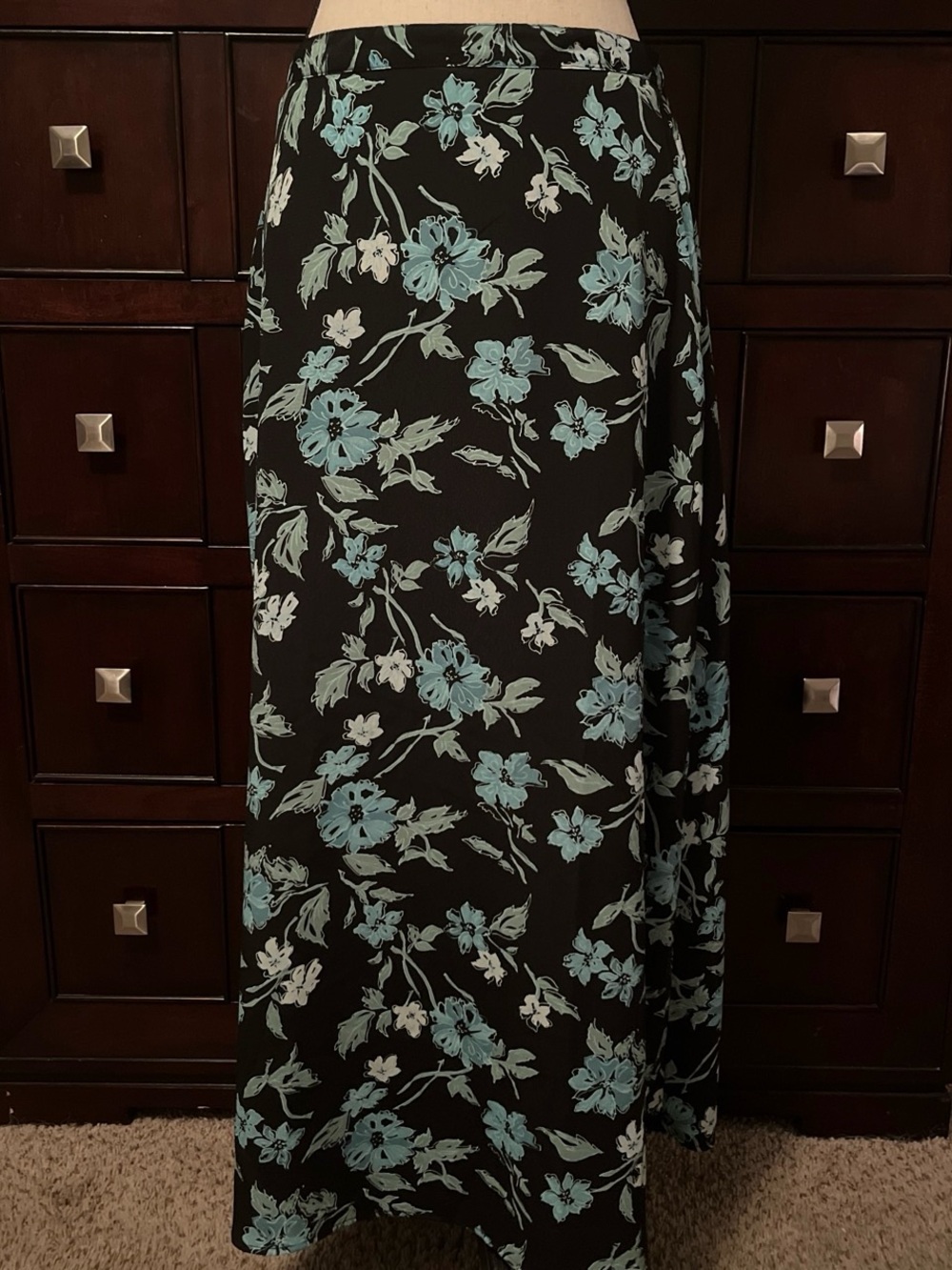 American Vintage Black Maxi Skirt with Teal Floral Print